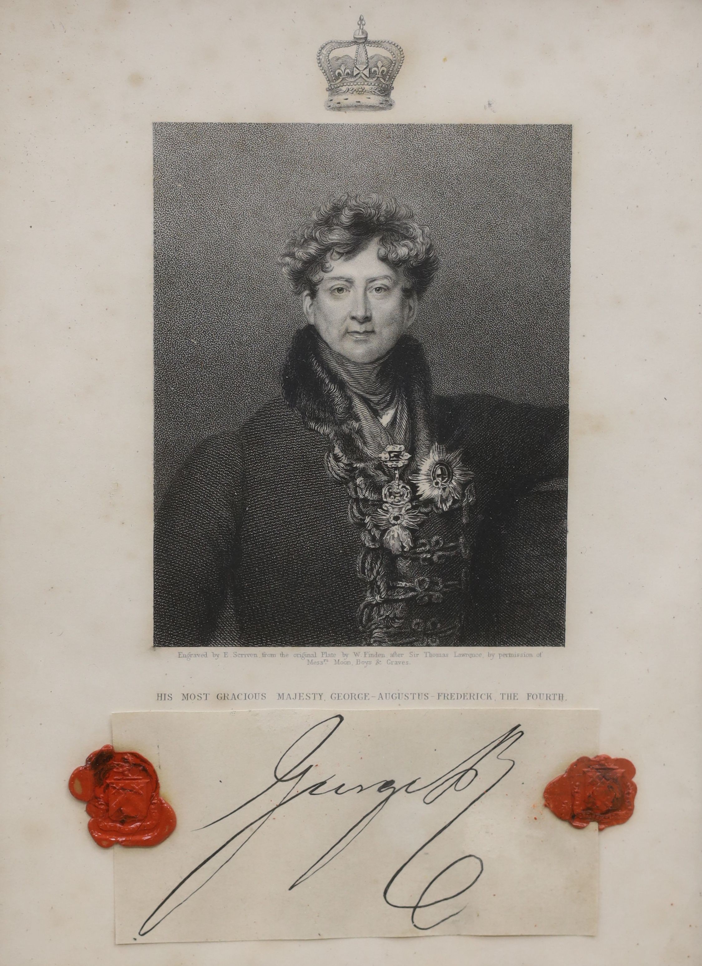 A framed engraving of George IV with applied signature, 22 x 16.5cm, a portrait of an Eton school boy by John Charles Read, and three other pictures